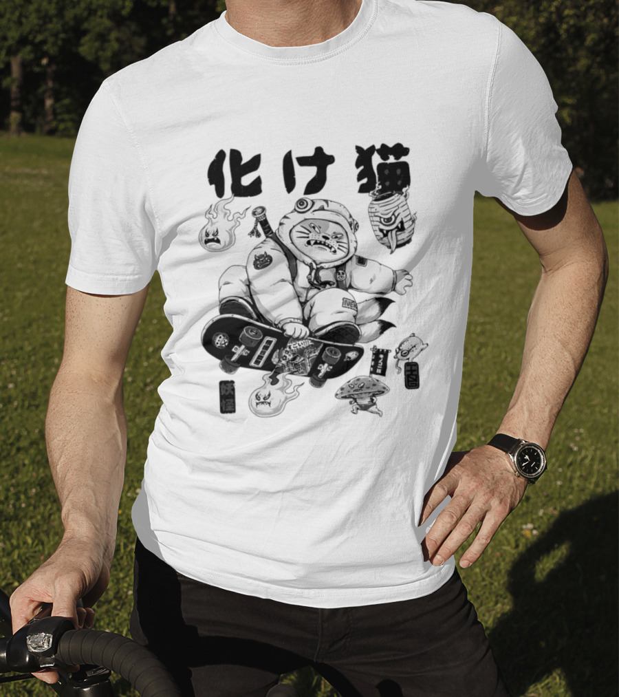 Bakeneko Gang Skateboarding Cat Demon Kanji T-Shirt