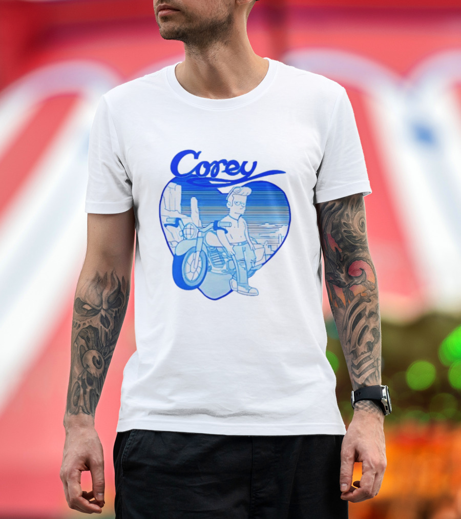 Corey Simpson Motorcycle In Heart Retro Cartoon Style With Blue Desert T-Shirt