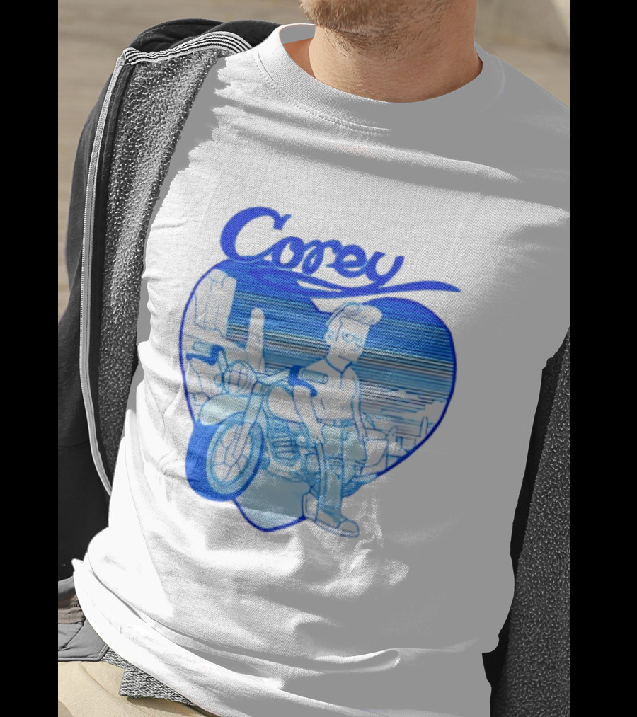 Corey Simpson Motorcycle In Heart Retro Cartoon Style With Blue Desert T-Shirt