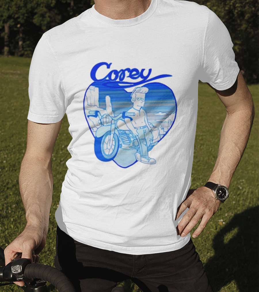 Corey Simpson Motorcycle In Heart Retro Cartoon Style With Blue Desert T-Shirt