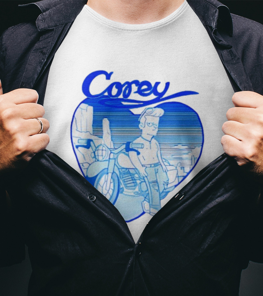 Corey Simpson Motorcycle In Heart Retro Cartoon Style With Blue Desert T-Shirt