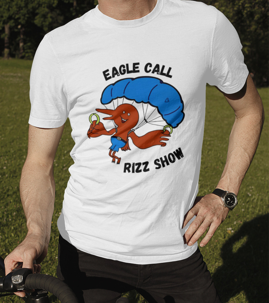 Eagle Call Rizz Show Parachuting Bird Character With Blue Canopy T-Shirt