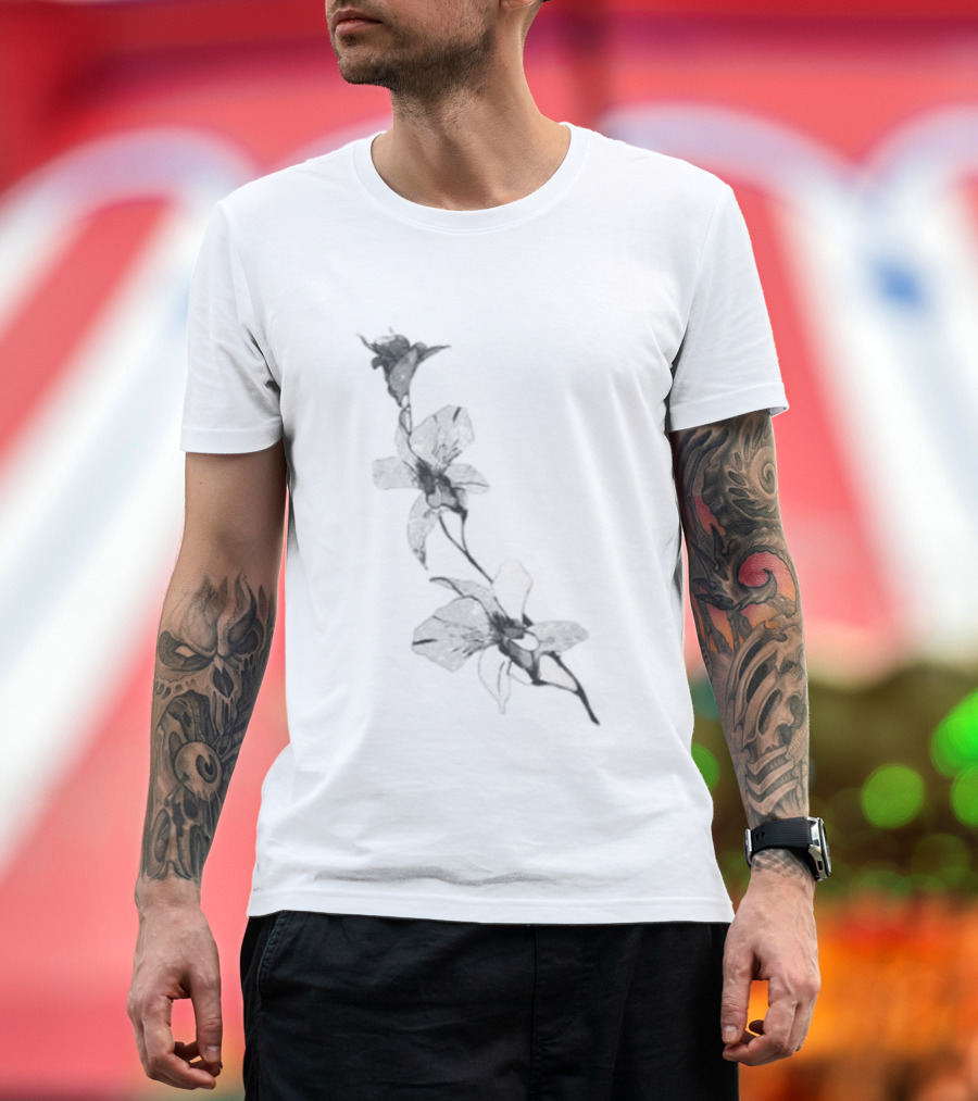 Orchid Flower Botanical Illustration Monochrome Blossom Print T-Shirt