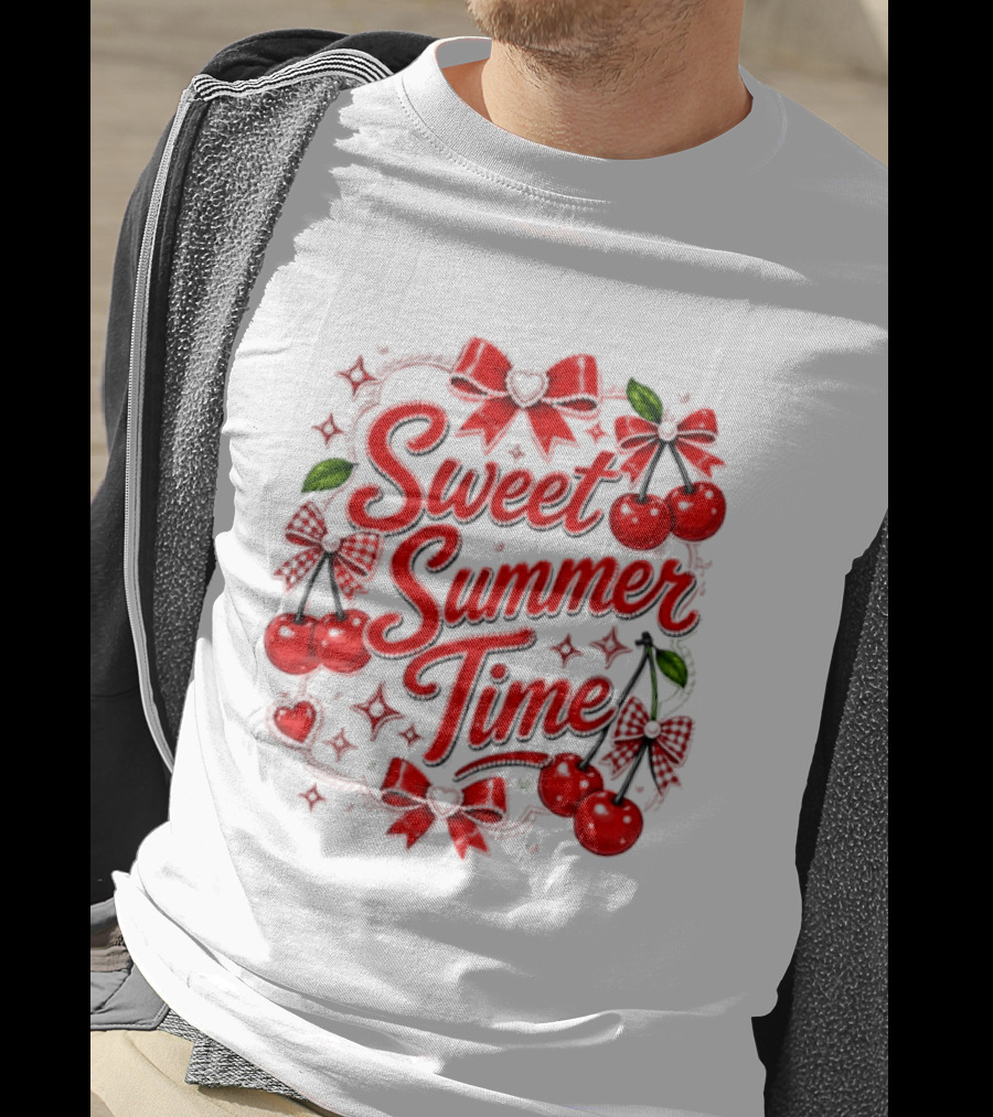 Sweet Summer Time Cherry Pearl Ribbon Hearts Bows T-Shirt