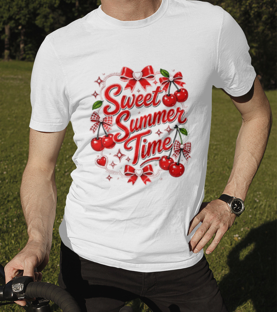 Sweet Summer Time Cherry Pearl Ribbon Hearts Bows T-Shirt