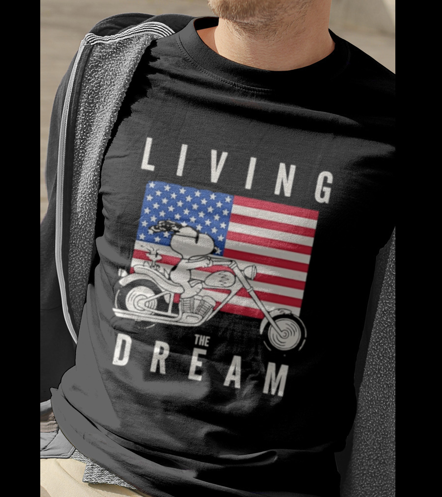 Living The Dream Snoopy Woodstock Motorcycle American Flag Peanuts T-Shirt
