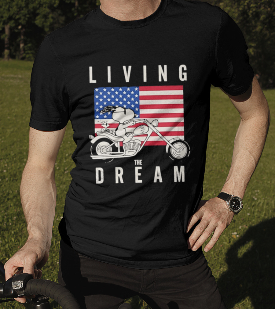 Living The Dream Snoopy Woodstock Motorcycle American Flag Peanuts T-Shirt