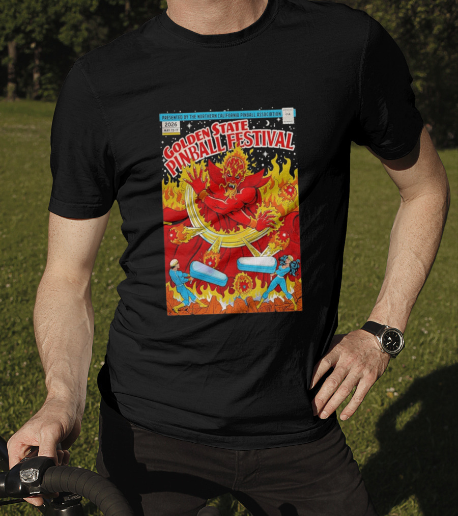 Golden State Pinball Festival Northern California May 2026 Fire Demon Battle T-Shirt