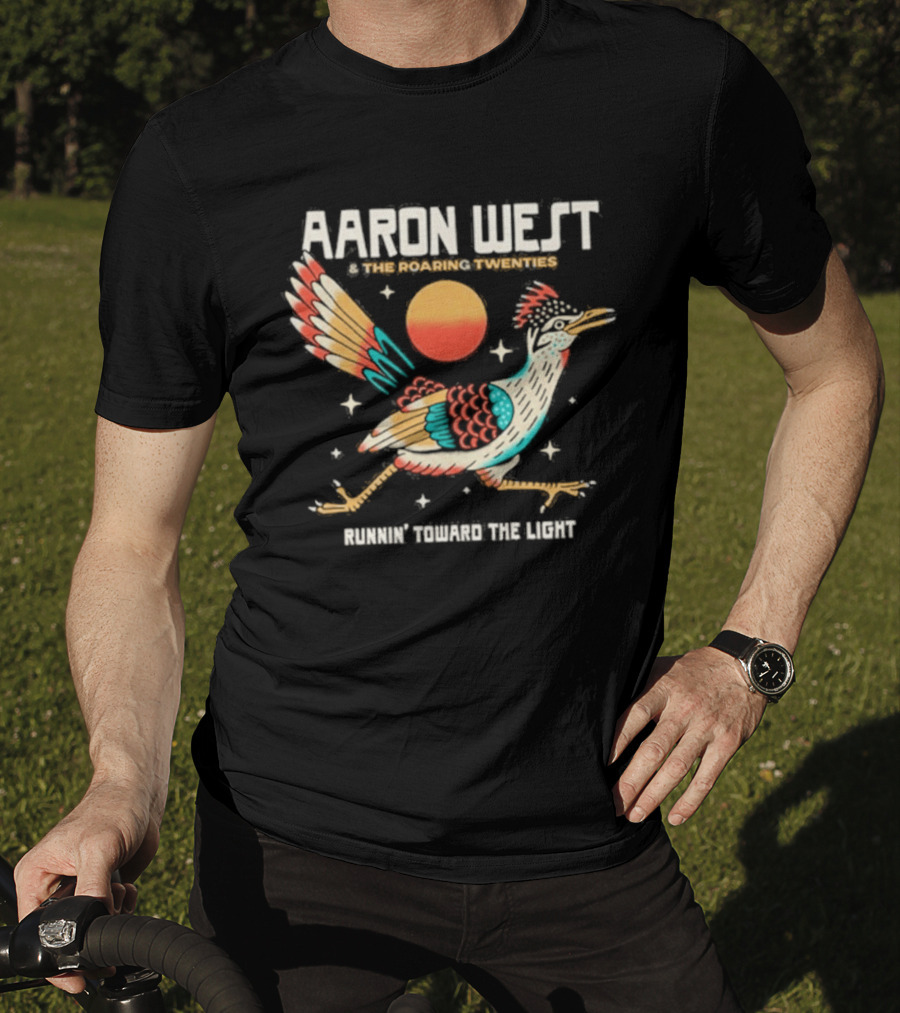 Aaron West & The Roaring Twenties Runnin' Toward The Light Colorful Bird And Orange Sun T-Shirt
