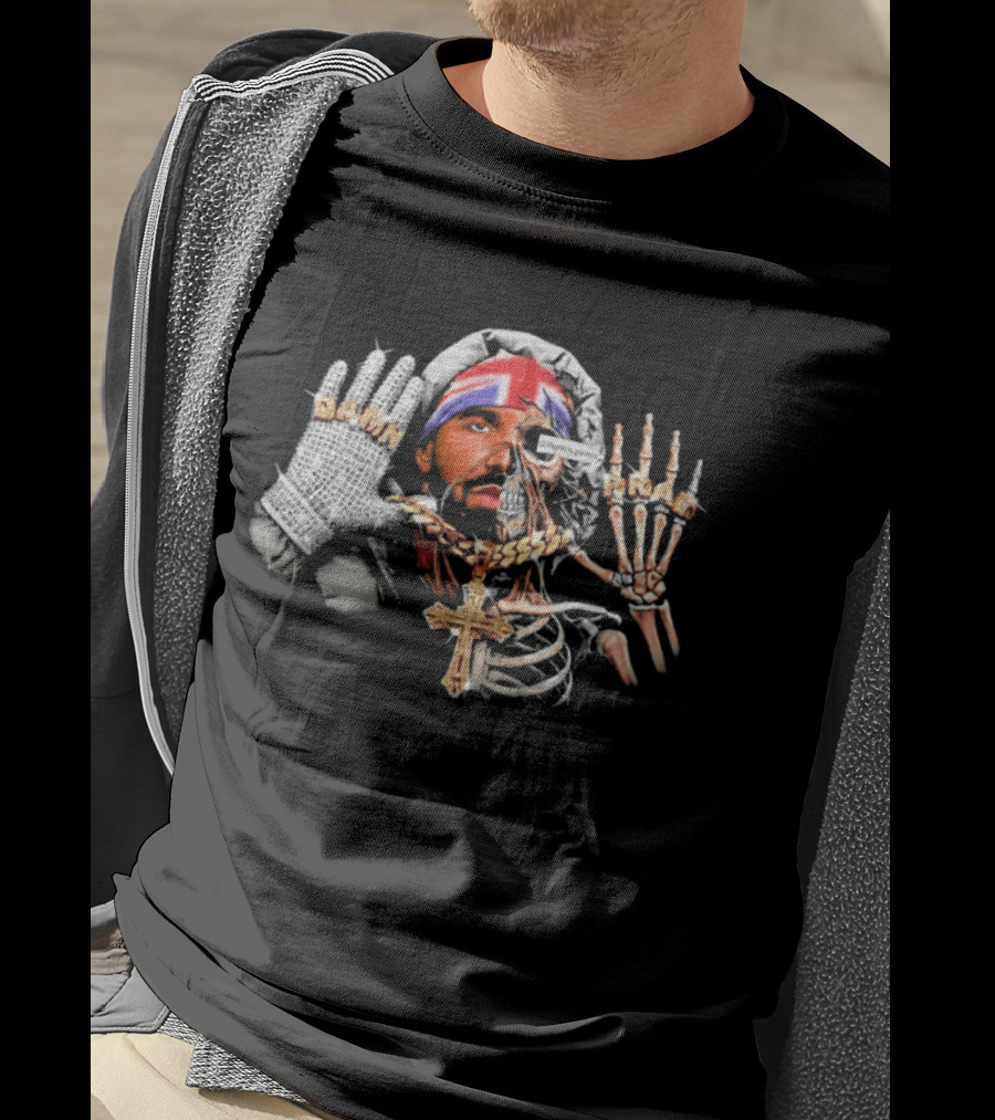 Damn Pray Skeleton Half Face Union Jack Diamond Glove Cross Necklace T-Shirt