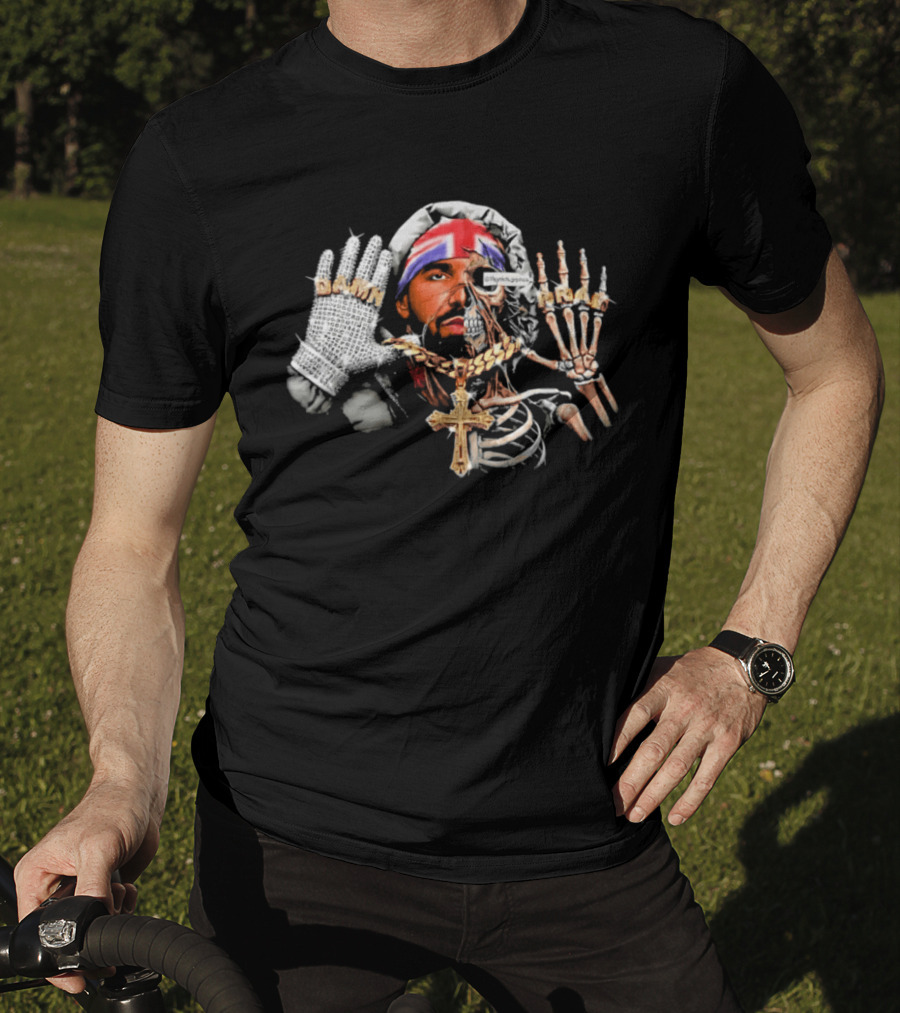 Damn Pray Skeleton Half Face Union Jack Diamond Glove Cross Necklace T-Shirt