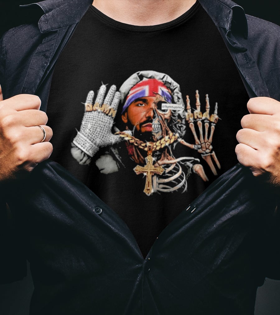 Damn Pray Skeleton Half Face Union Jack Diamond Glove Cross Necklace T-Shirt