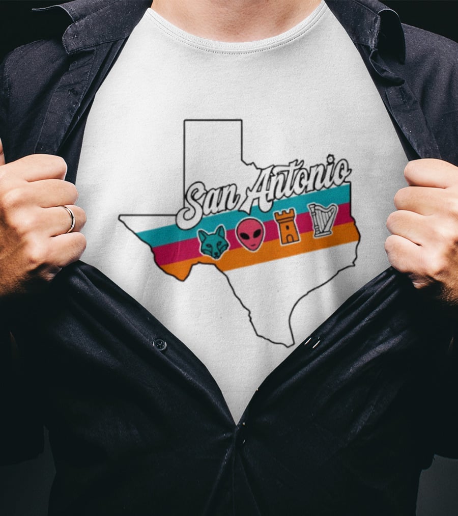 San Antonio Texas Map Alien Fox Castle Harp 2026 T-Shirt