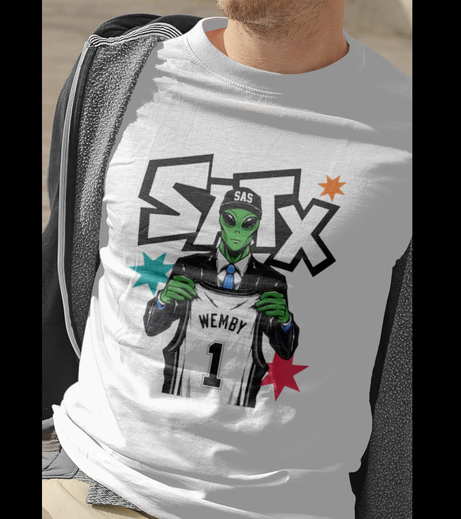 STX SAS Alien Wemby Holding Spurs Jersey Victor Wembanyama T-Shirt