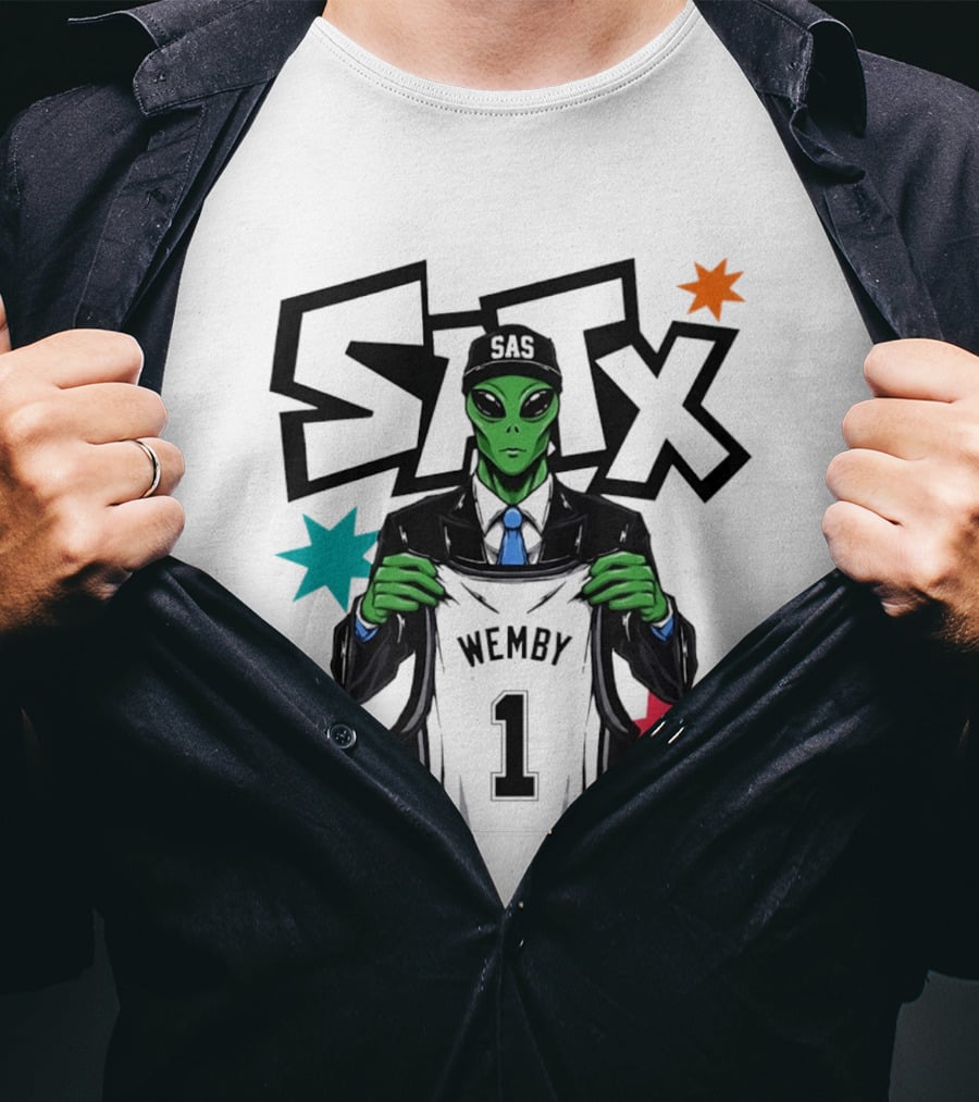 STX SAS Alien Wemby Holding Spurs Jersey Victor Wembanyama T-Shirt