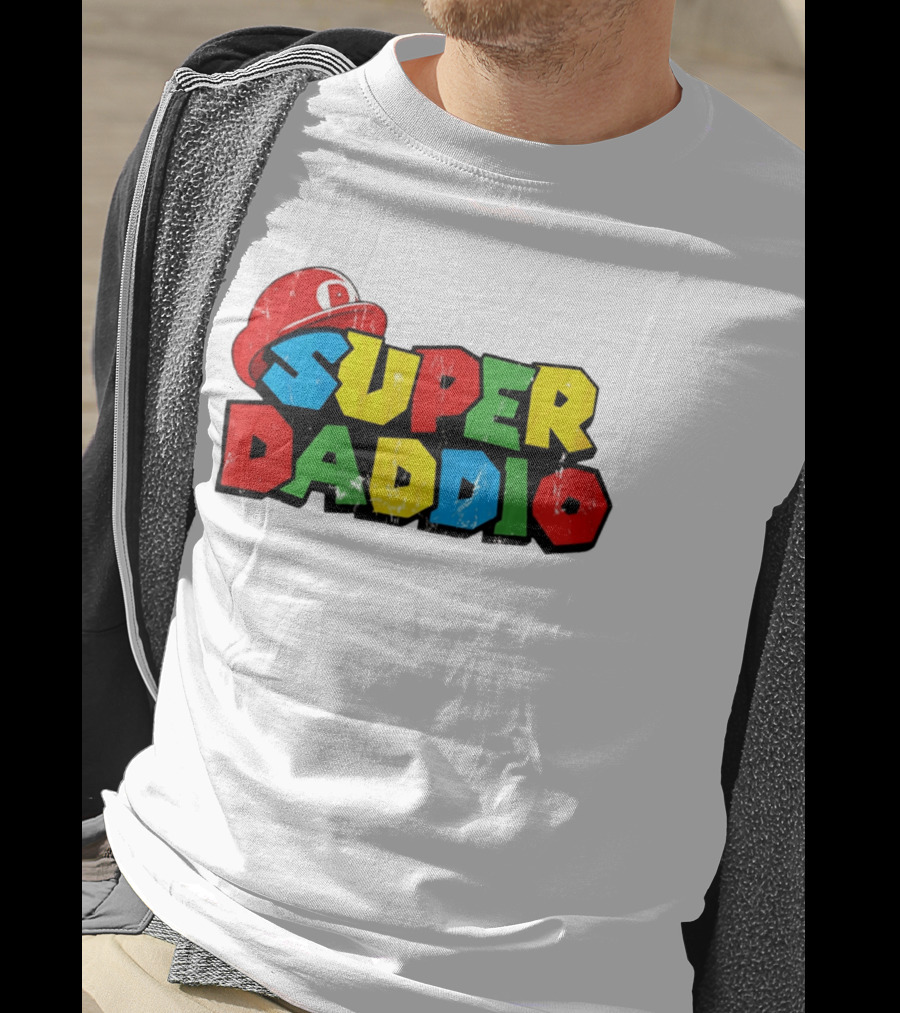 Super Daddio Mario Cartoon Colorful Text With Red Hat T-Shirt