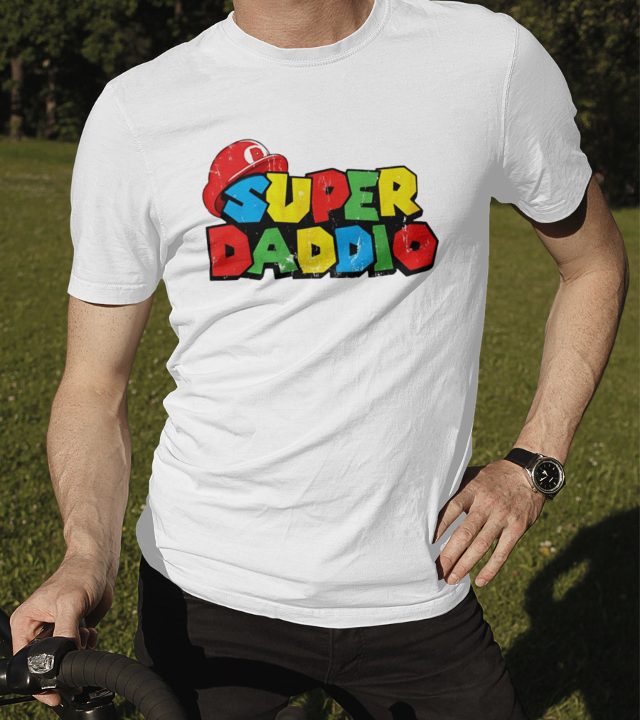 Super Daddio Mario Cartoon Colorful Text With Red Hat T-Shirt