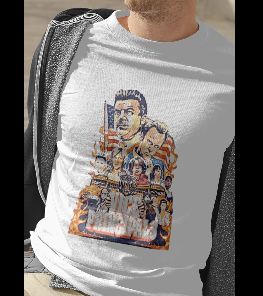 Vice Principals TV Show Cast Collage With School Bus And American Flag T-Shirt