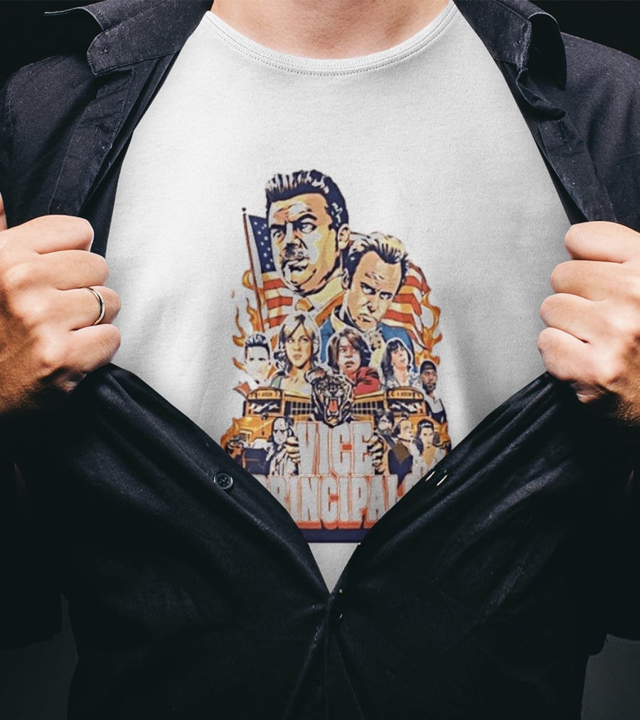 Vice Principals TV Show Cast Collage With School Bus And American Flag T-Shirt