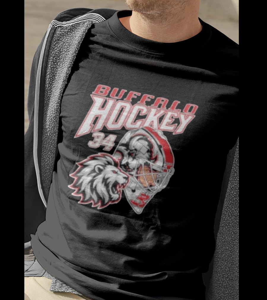 Buffalo Hockey 34 Alex Lyon Lion Graphic With Hockey Helmet T-Shirt