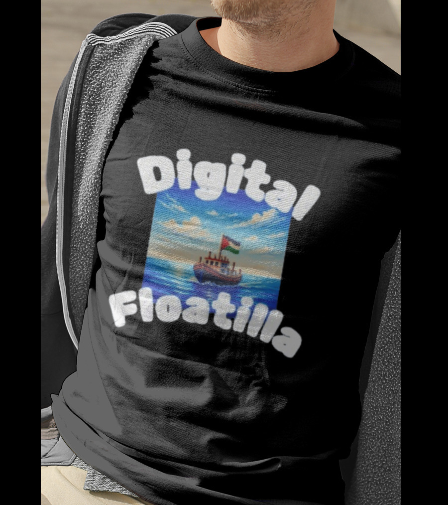 Digital Floatilla Boat With Flag On Ocean Waves T-Shirt