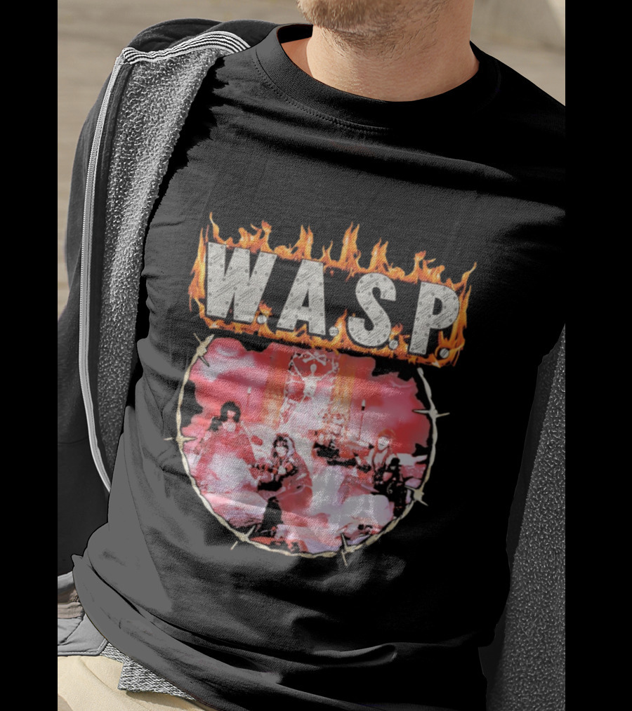 W.A.S.P. Band Fire With Group Photo And Flaming T-Shirt