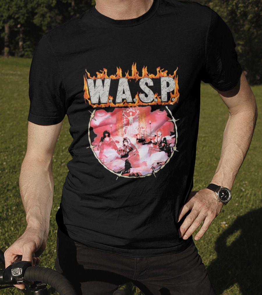 W.A.S.P. Band Fire With Group Photo And Flaming T-Shirt