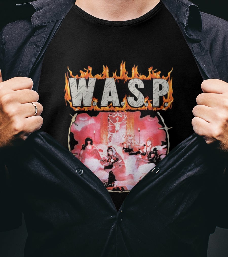 W.A.S.P. Band Fire With Group Photo And Flaming T-Shirt