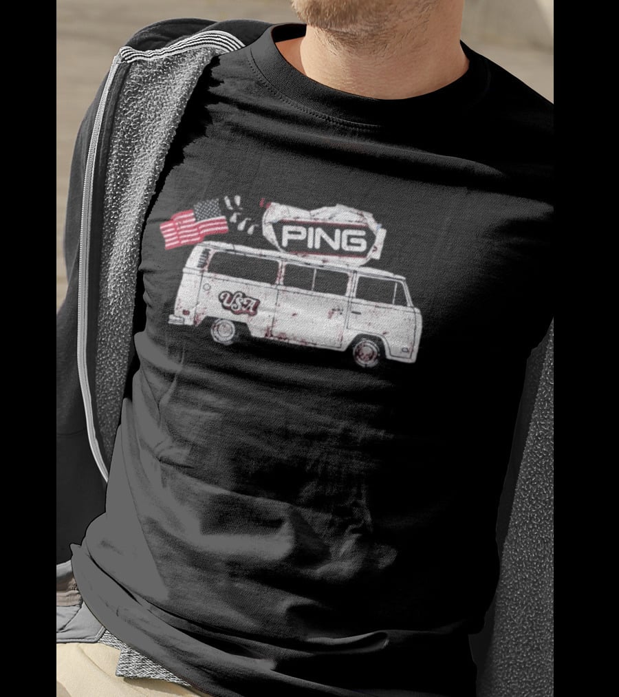 Ping USA Vintage Bus With American Flag And Surfboard T-Shirt