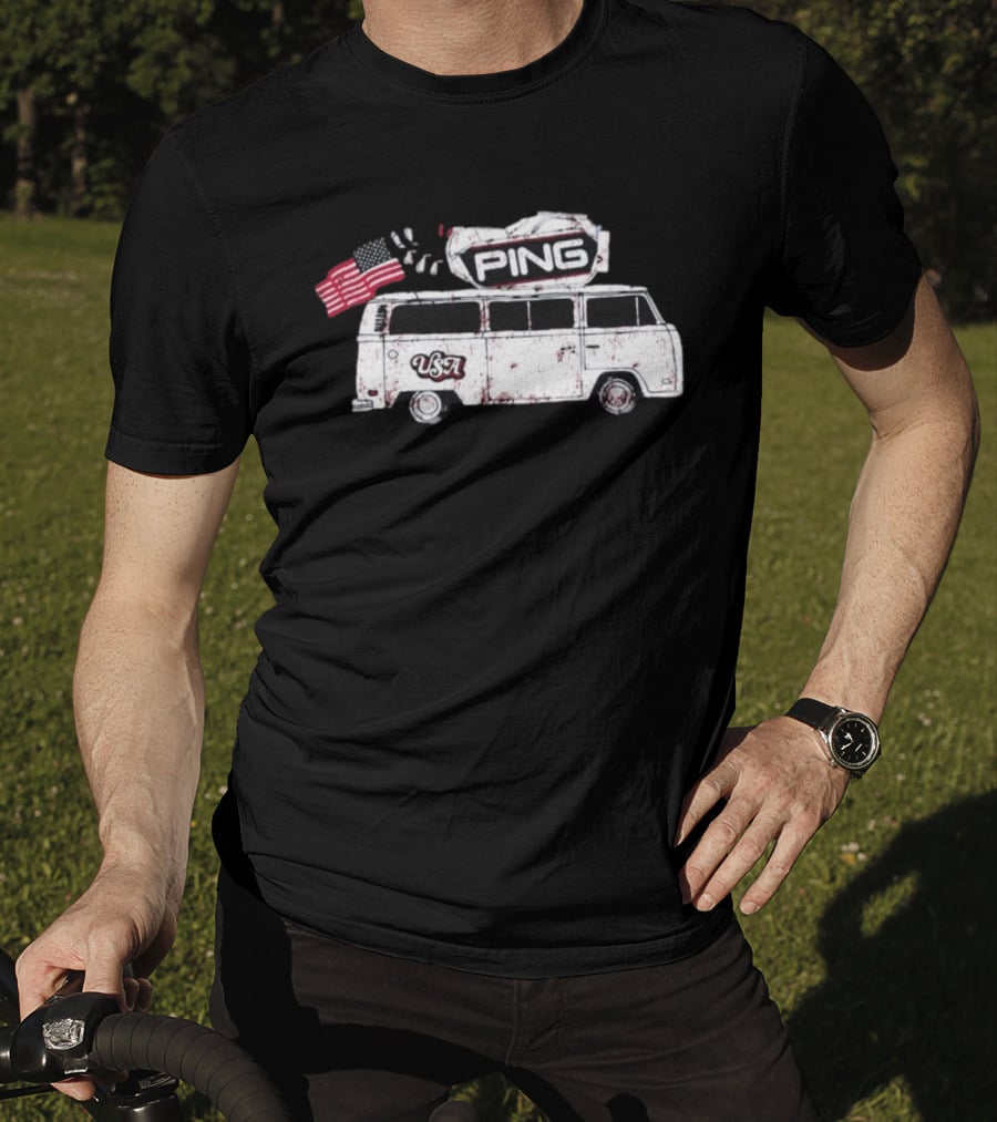 Ping USA Vintage Bus With American Flag And Surfboard T-Shirt