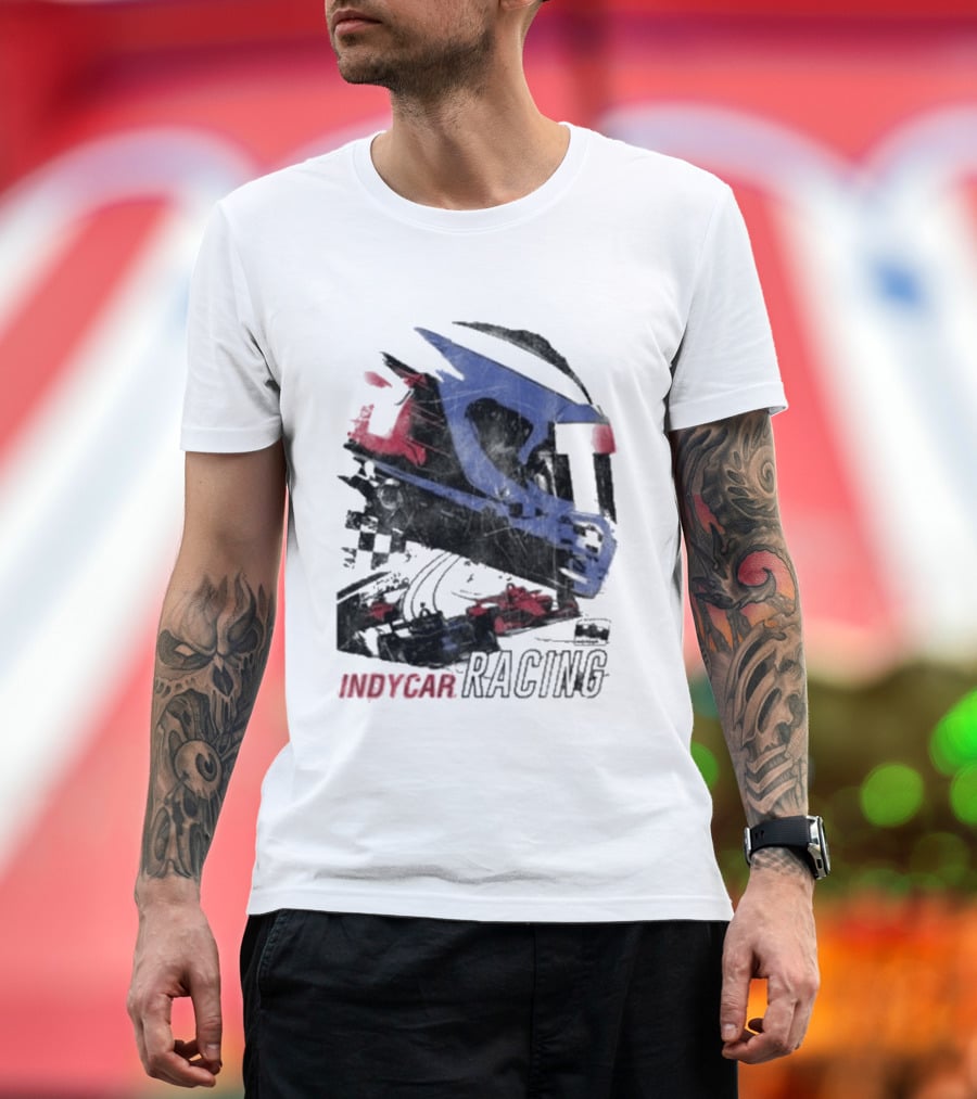 Indycar Racing Helmet With Blue And Red T-Shirt