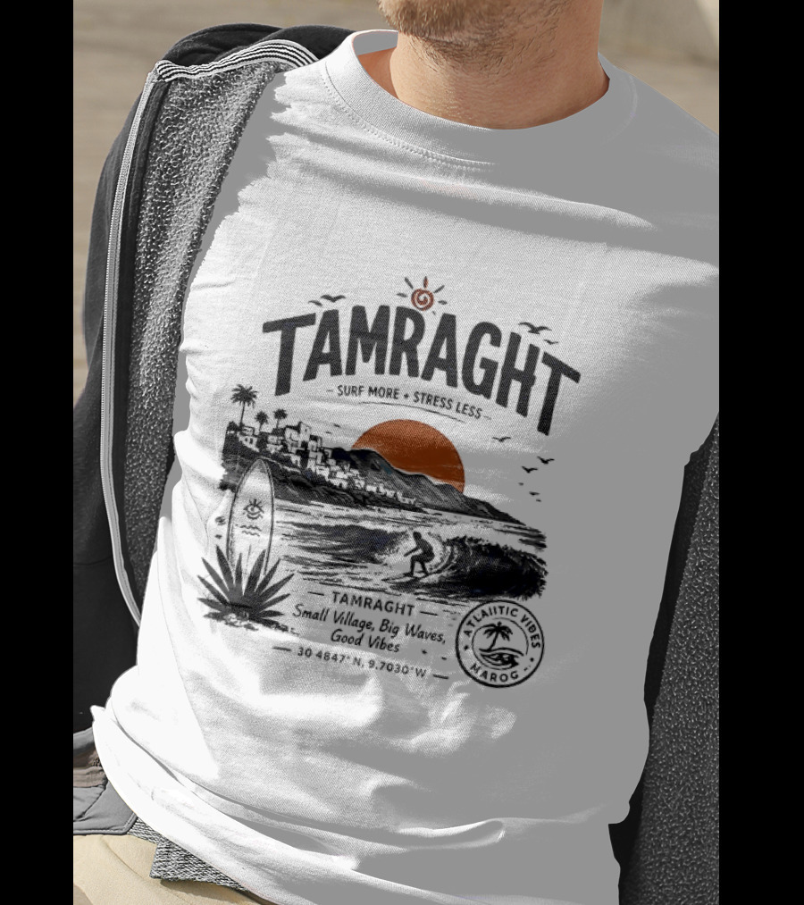 Tamraght Surf More Stress Less 2026 Sunset Palm Trees Good Vibes Agadir Coordinates T-Shirt