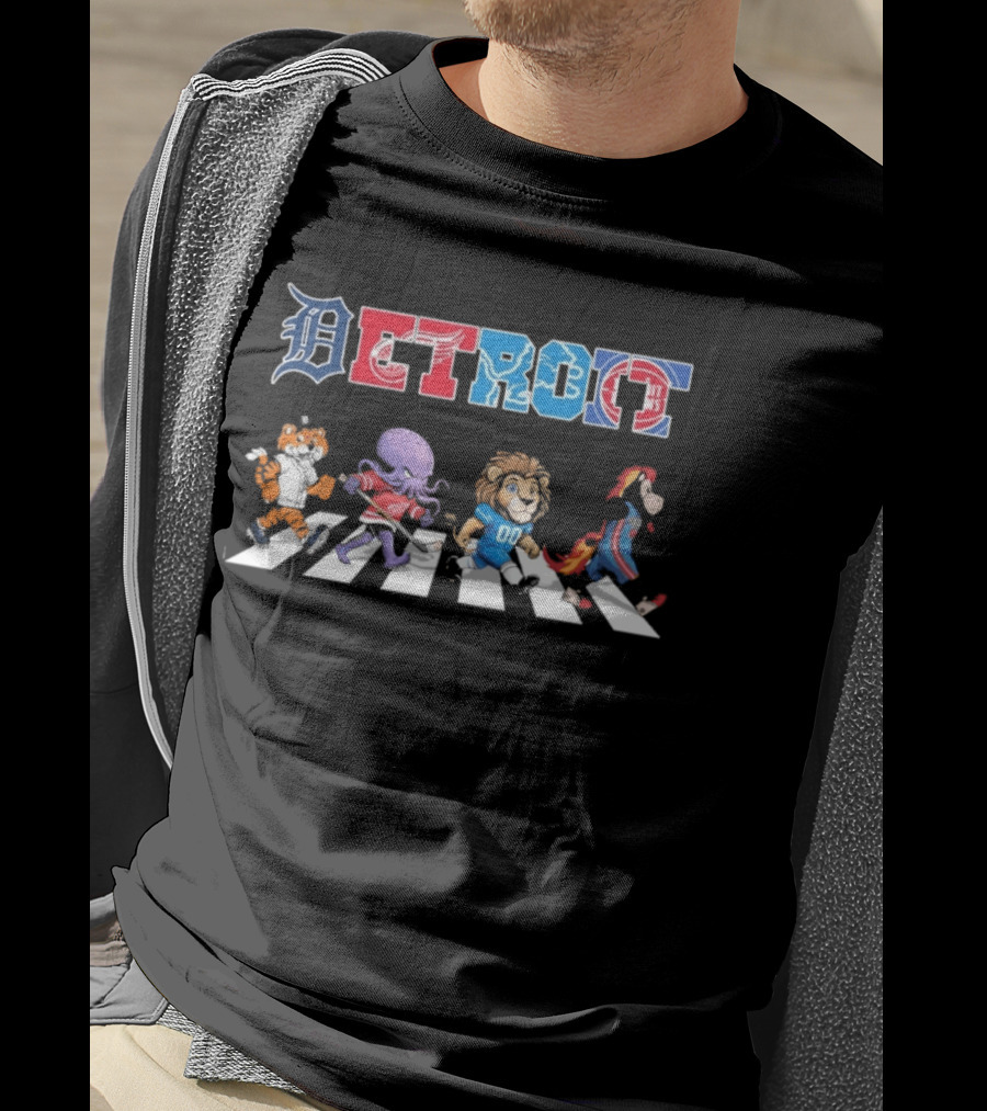 Detroit Tigers Red Wings Lions Pistons Mascots Walking Road T-Shirt