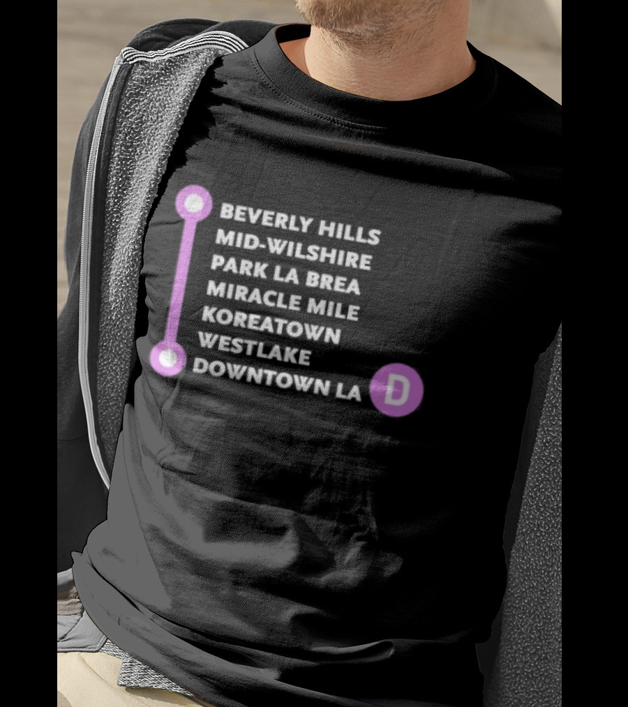 Beverly Hills Mid Wilshire Park La Brea Miracle Mile Koreatown Westlake Downtown LA D Map Purple Circle Route T-Shirt