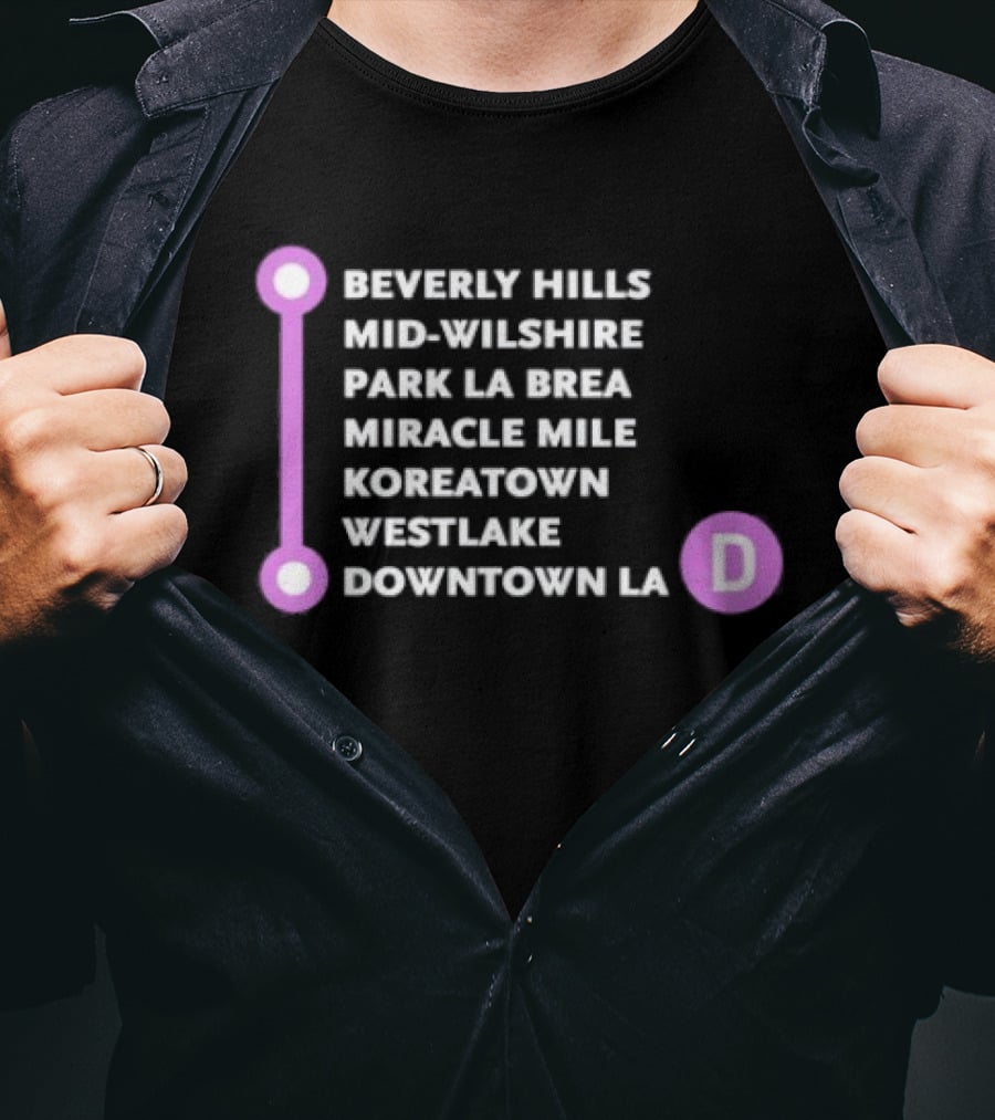 Beverly Hills Mid Wilshire Park La Brea Miracle Mile Koreatown Westlake Downtown LA D Map Purple Circle Route T-Shirt