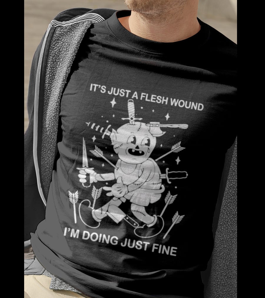 I'm Doing Just Fine It's Just A Flesh Wound Cartoon Character With Arrows And Knives T-Shirt