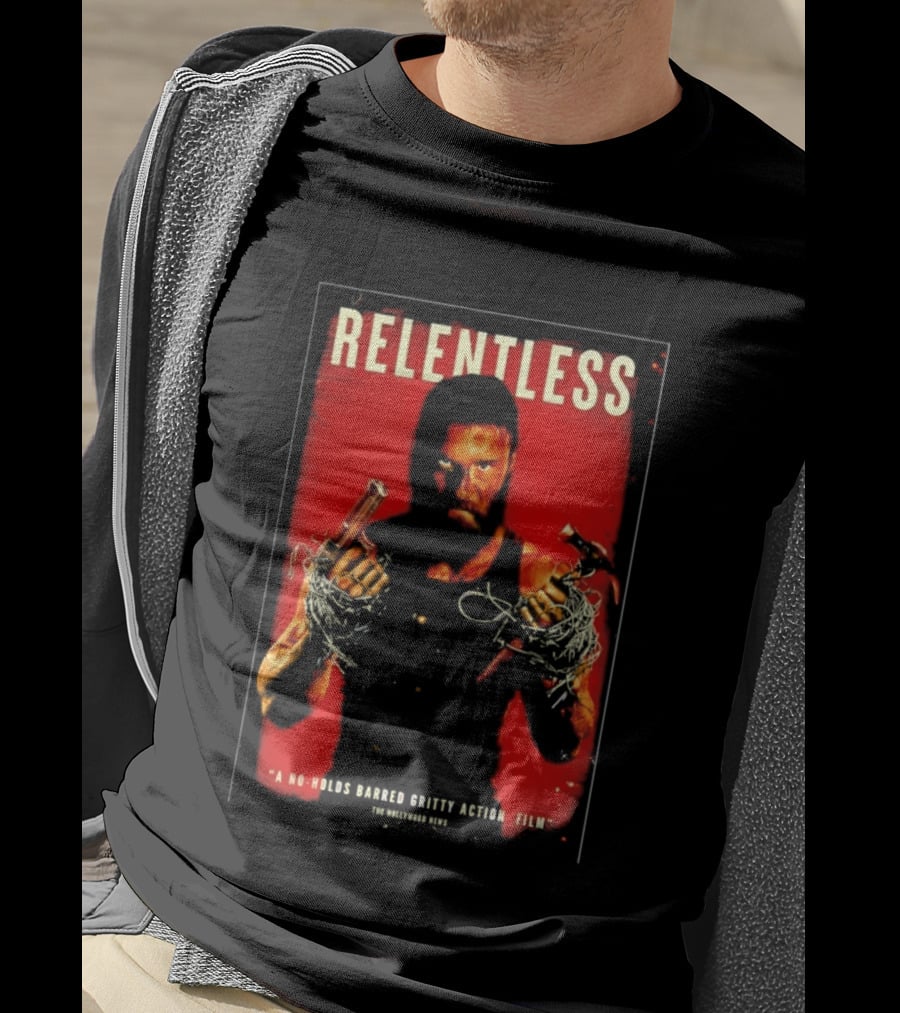 Relentless A No Holds Barred Gritty Action Film Guns Intense Stare Red T-Shirt