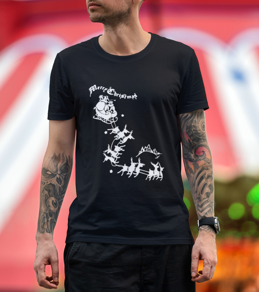 Merry Christmas Santa Sleigh Reindeer In Night Sky With Mountains Isla Gordon T-Shirt