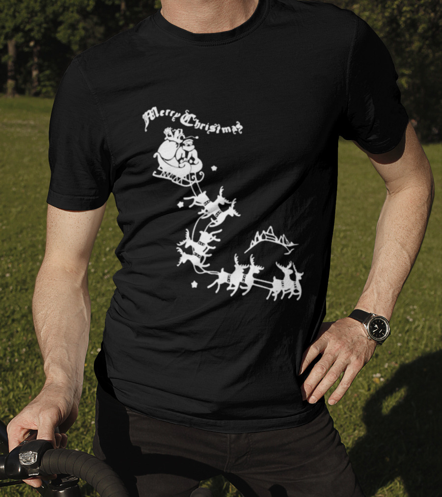 Merry Christmas Santa Sleigh Reindeer In Night Sky With Mountains Isla Gordon T-Shirt