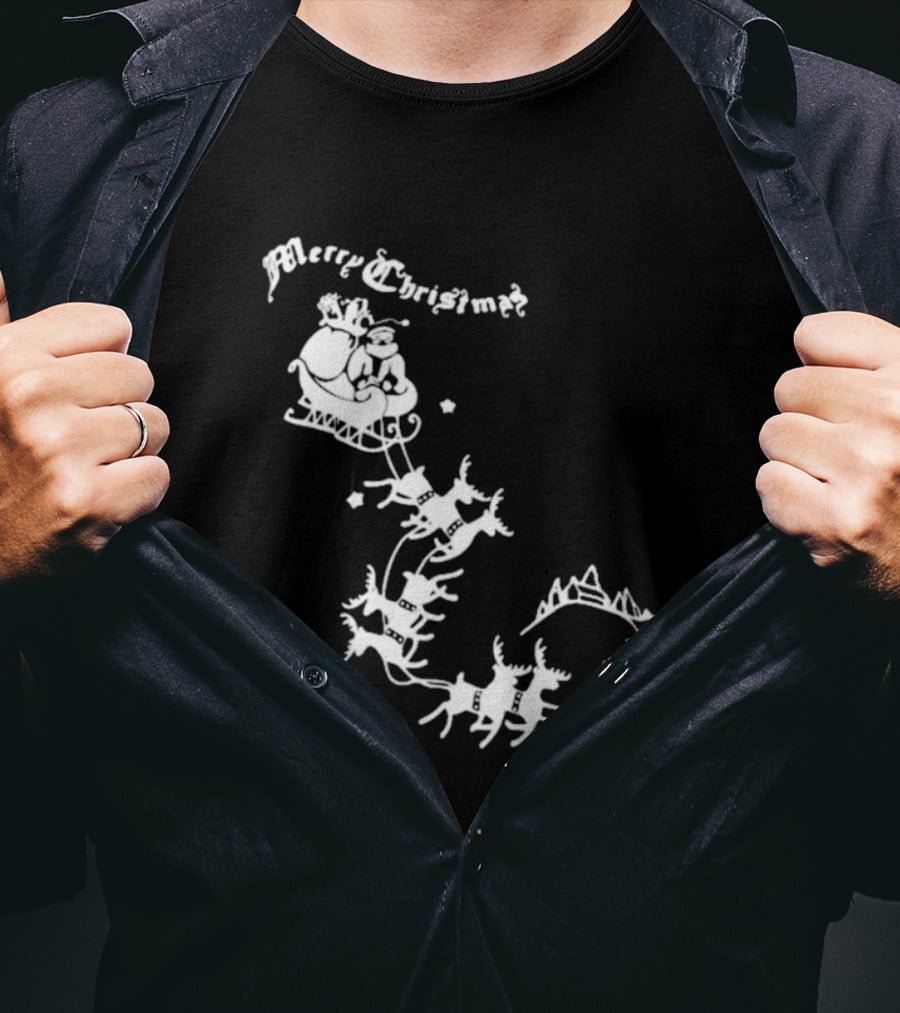 Merry Christmas Santa Sleigh Reindeer In Night Sky With Mountains Isla Gordon T-Shirt