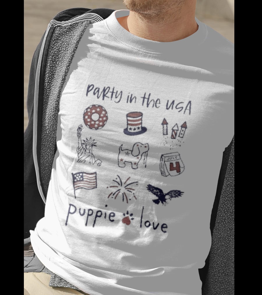 Party In The USA Puppie Love Patriotic Symbols Fireworks Hat Flag T-Shirt
