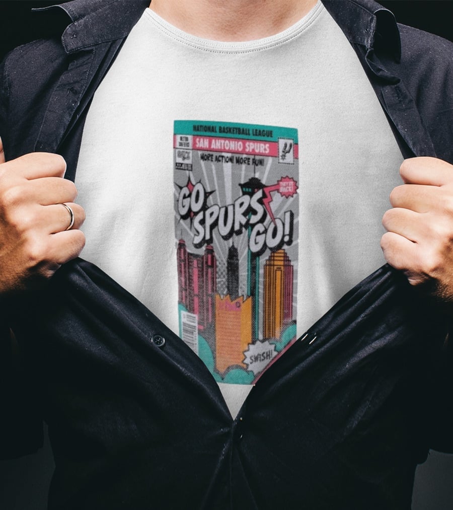 National Basketball League San Antonio Spurs Go Spurs Go Comic Cover Style Swish Back In Black T-Shirt