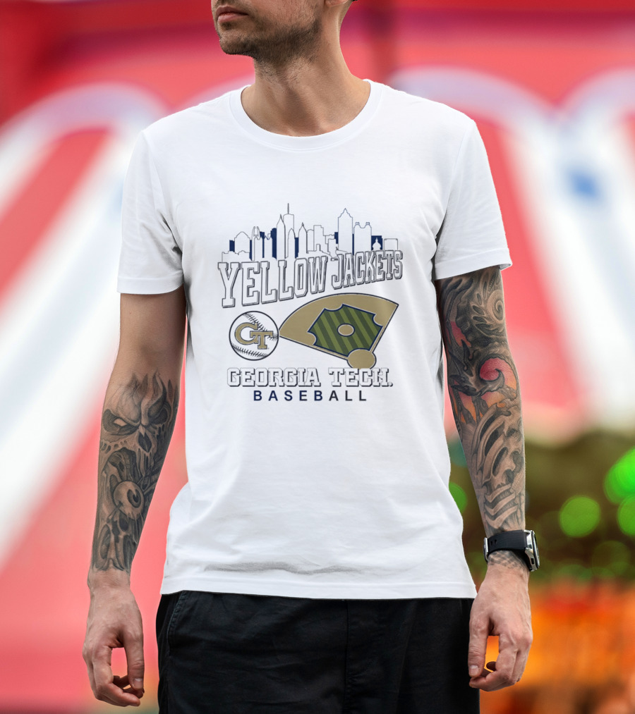 Georgia Tech Yellow Jackets Baseball City Skyline With GT Emblem And Field T-Shirt