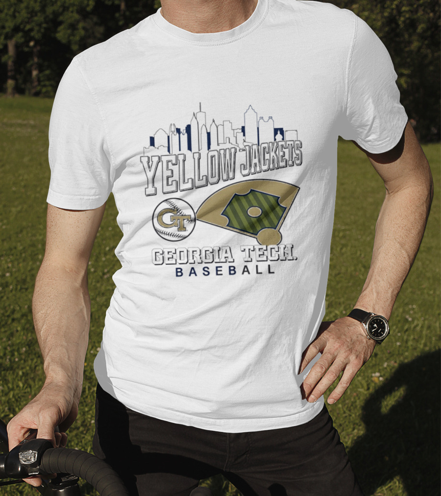 Georgia Tech Yellow Jackets Baseball City Skyline With GT Emblem And Field T-Shirt