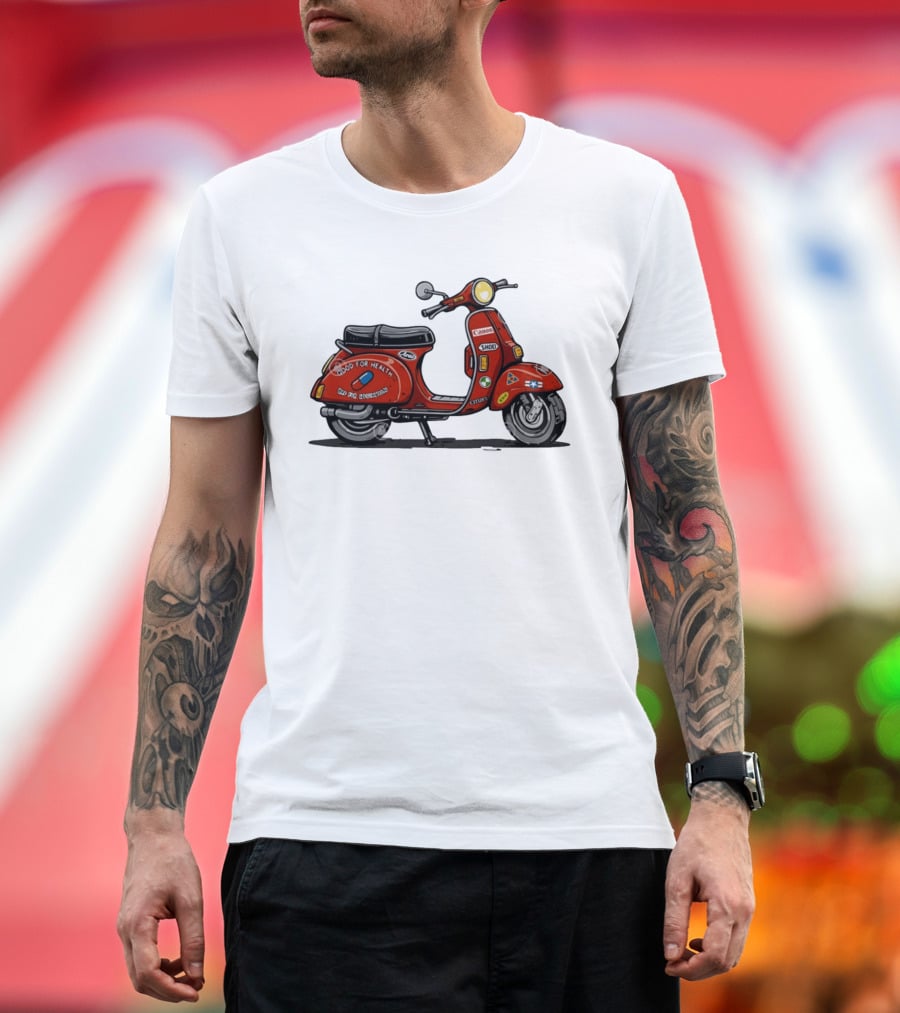 Kaneda's Vespa With Good For Health Sticker Citizen And Canon Shoei Arai Logos T-Shirt