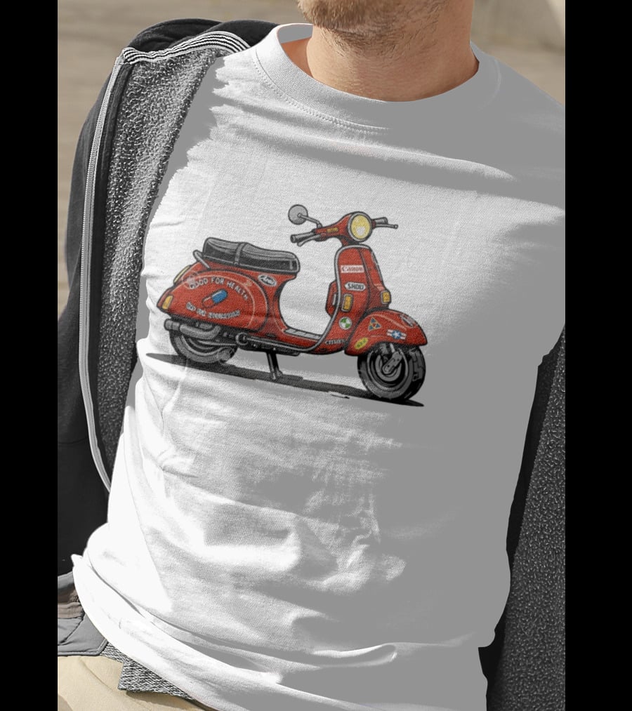 Kaneda's Vespa With Good For Health Sticker Citizen And Canon Shoei Arai Logos T-Shirt
