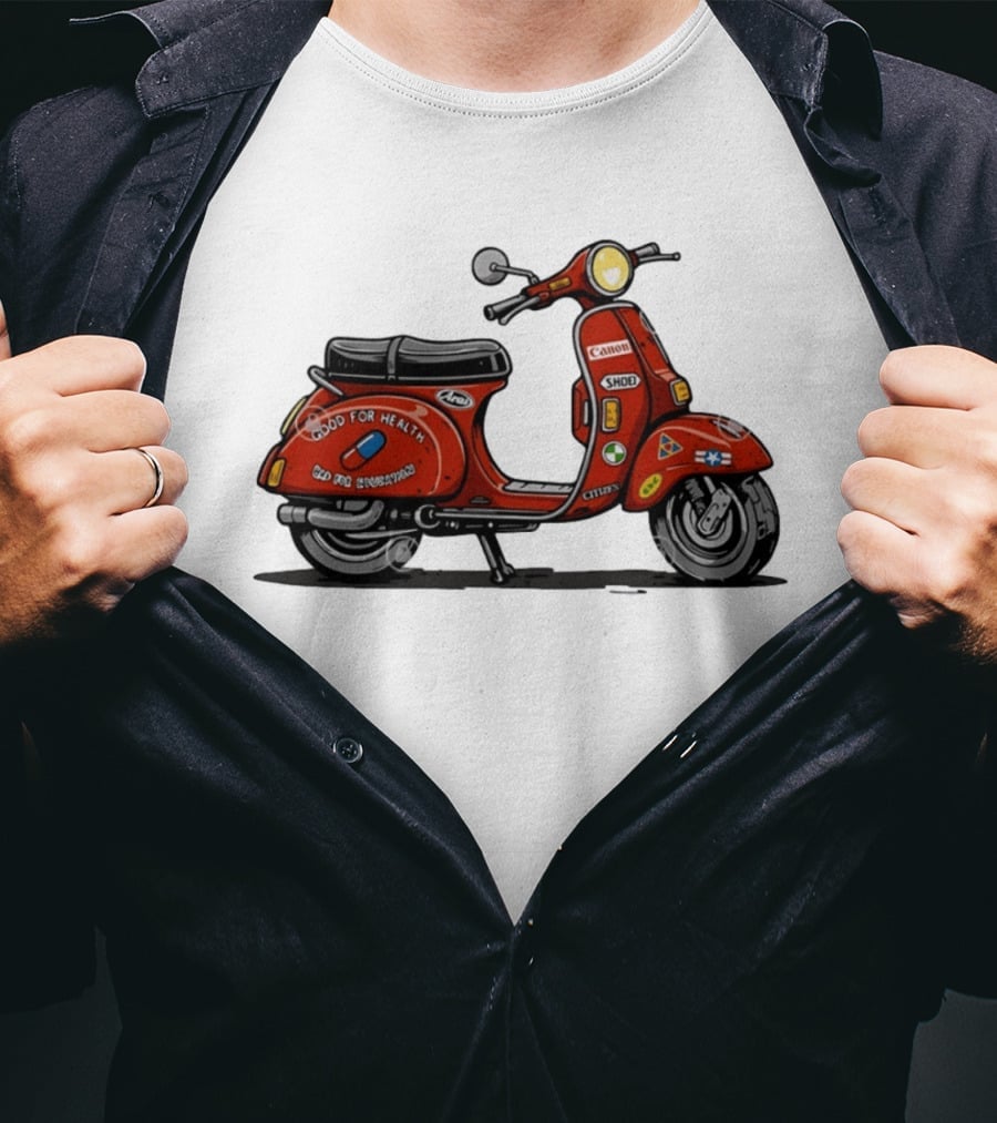 Kaneda's Vespa With Good For Health Sticker Citizen And Canon Shoei Arai Logos T-Shirt
