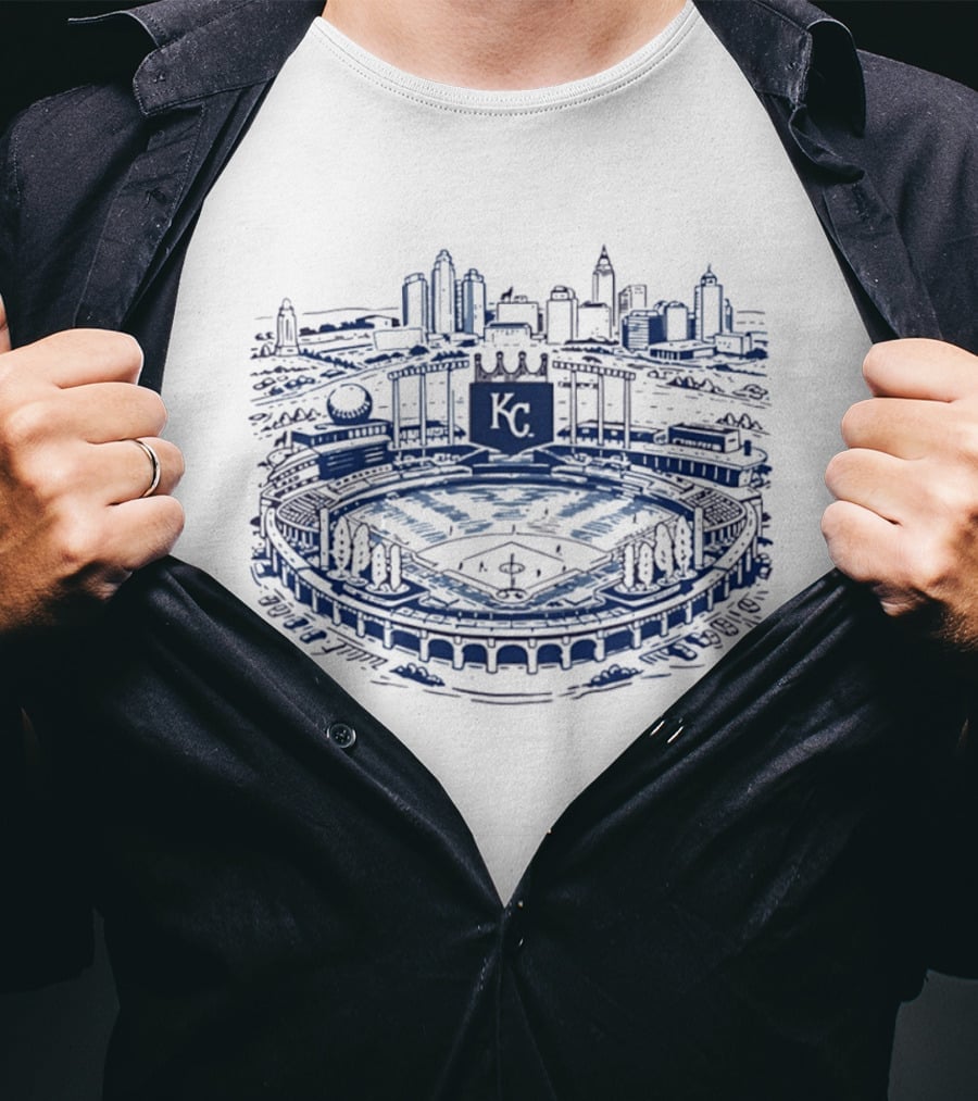 Kansas City Royals Kauffman Stadium Skyline Art Baseball Scene T-Shirt