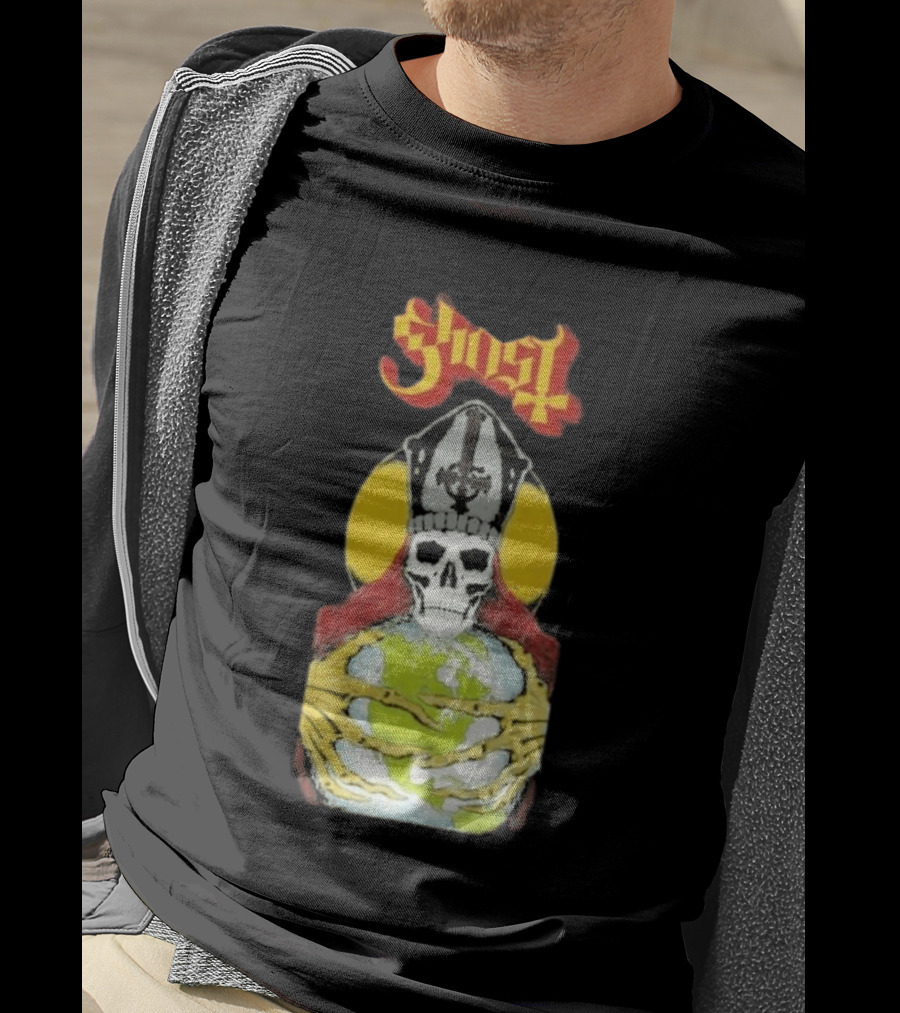 Ghost Skeleton Bishop Holding Earth Iconic Twisted Thread Ceremony T-Shirt