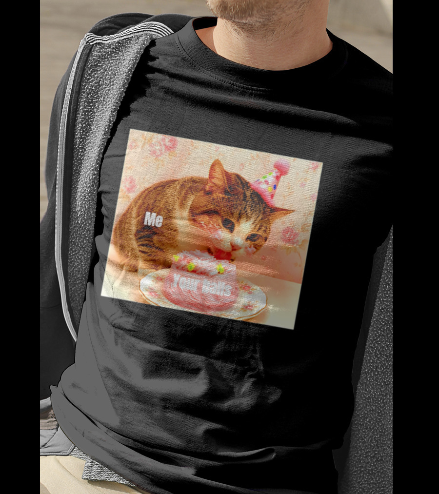 Me Your Balls Cat Eating Cake Party Hat T-Shirt